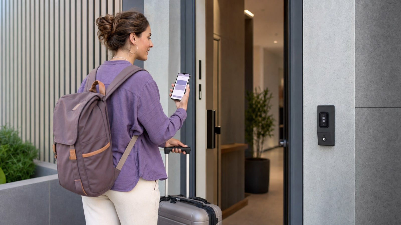 Apart otel kapısında telefonundaki check-in ekranını gösterip akıllı kilidi açan genç gezgin