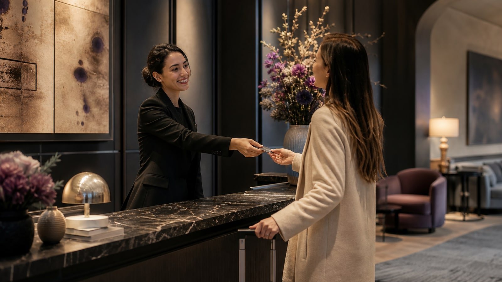Şık bir butik otel resepsiyonunda misafiri güleryüzle karşılayıp anahtar kartını uzatan otel görevlisi